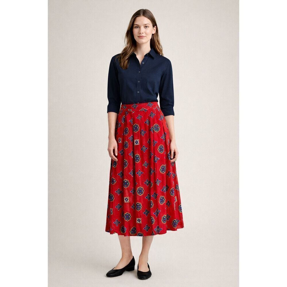 vintage Chaus Petite Red Rayon Midi Skirt Size 8 Made in Japan